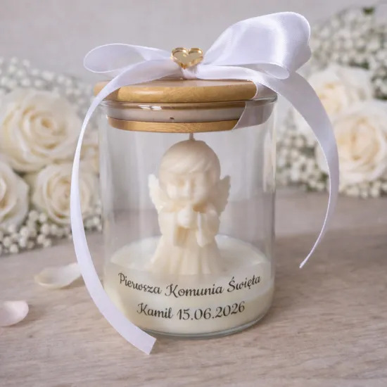 Świeca z aniołkiem w szkle – personalizowany prezent na Chrzest i Komunię prezent handmade